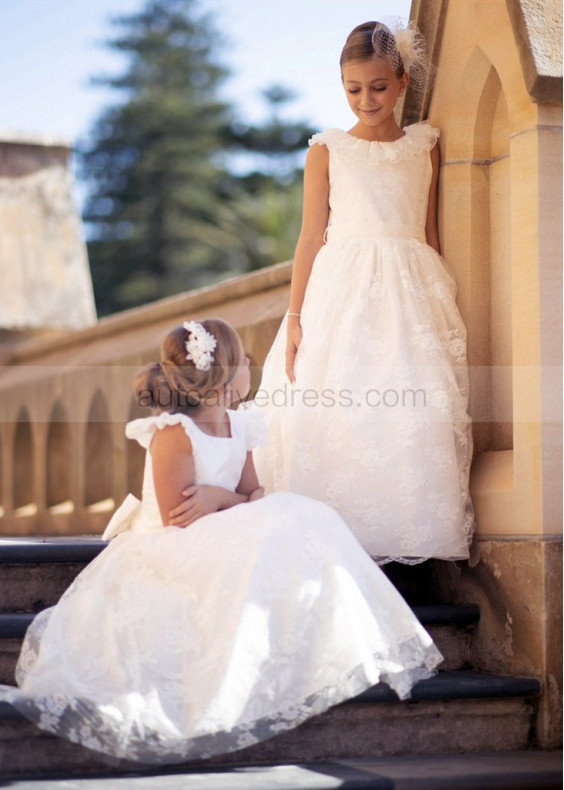 Ivory Lace V Back Flower Girl Dress With Organza Sash